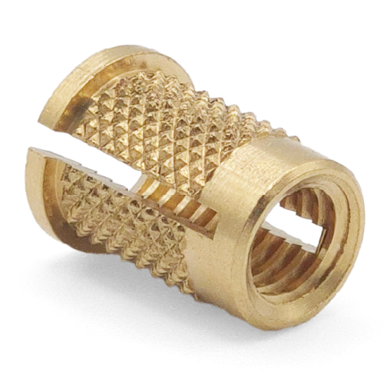 Reverse headed slotted brass pressfit threaded insert for plastics