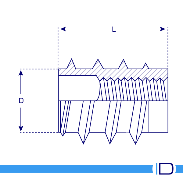 Schematic drawing for Flush-fitting stainless threaded insert