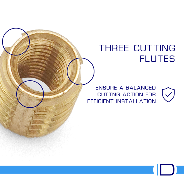 Brass screw-in insert with cutting flutes for plastic components