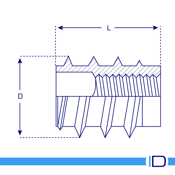 Schematic drawing of flush-fitting steel threaded insert