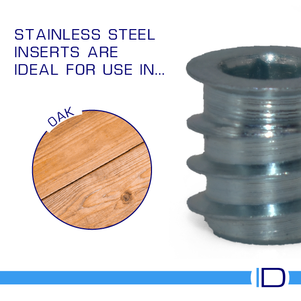 Stainless threaded insert for oak, MDF, and hardwoods