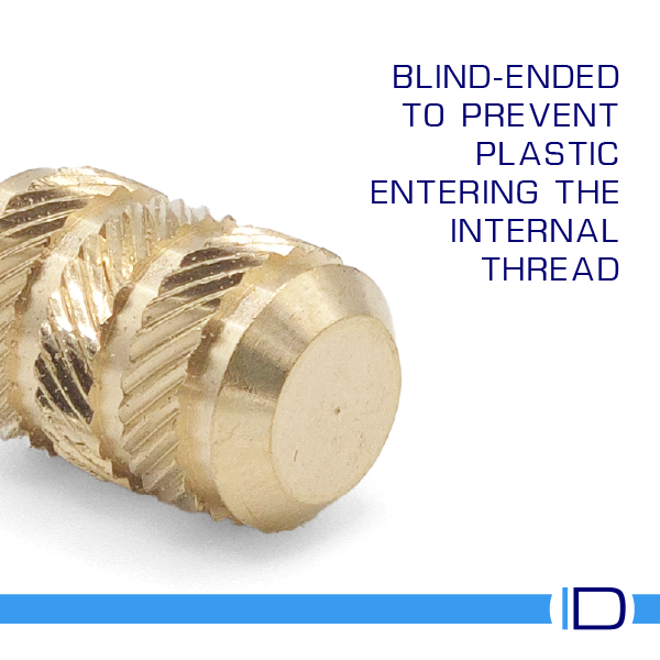 Blind-ended brass insert for thermoplastic moulding