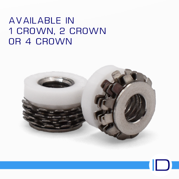 Range of 1 crown, 2 crown and 4 crown Keep-Nut stainless steel insert