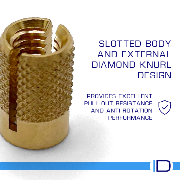 Close-up of unheaded slotted brass insert showing diamond knurl