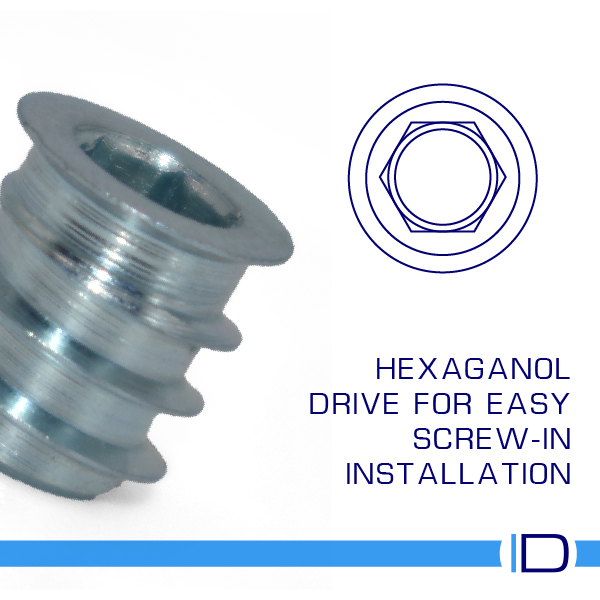 Steel headed threaded insert for wood with hex drive