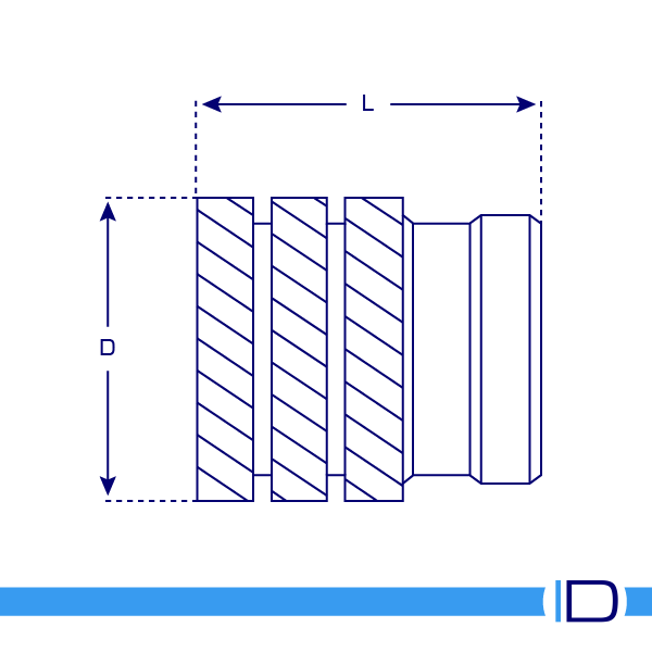 Unheaded Brass threaded press-in insert schematic drawing
