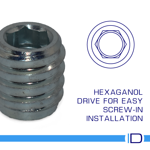 Close-up of unheaded stainless hex drive insert for joinery