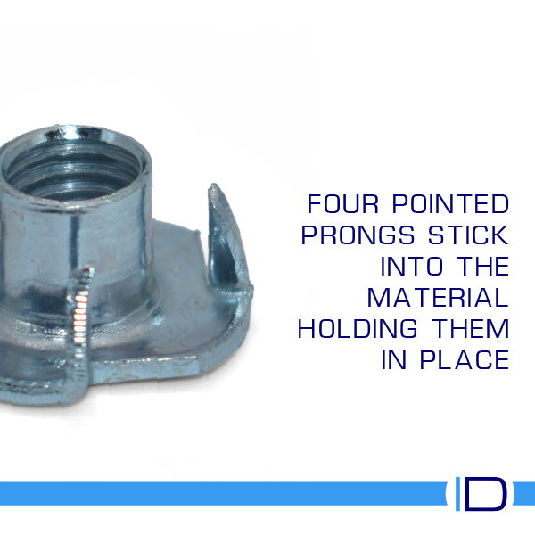 Stainless steel T-Nut with four prongs for wood and metal fastening