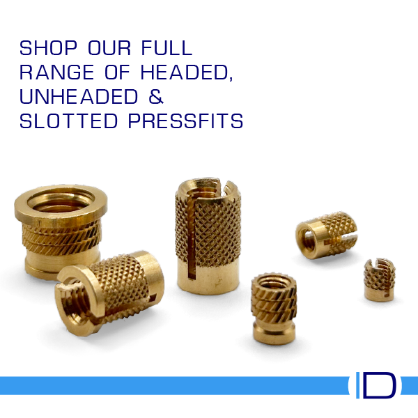 Full range of Headed, Unheaded and Slotted brass threaded press-in inserts