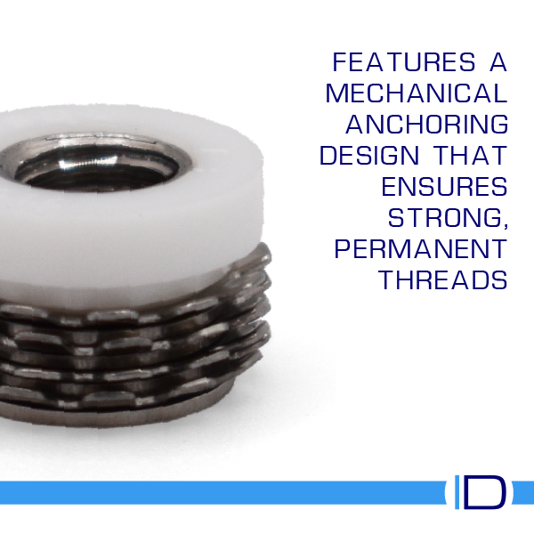 Side view of Keep-Nut 4 Crown self-anchoring insert displaying internal thread and plastic ring