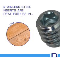 Corrosion-resistant stainless insert for oak, MDF, and plywood