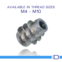 Type E threaded insert installed flush in wood surface